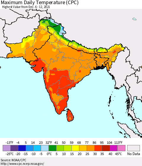 Southern Asia Maximum Daily Temperature (CPC) Thematic Map For 12/6/2021 - 12/12/2021
