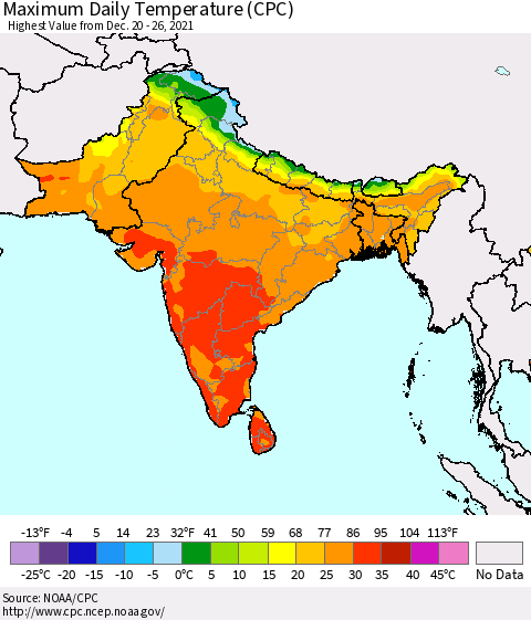 Southern Asia Extreme Maximum Temperature (CPC) Thematic Map For 12/20/2021 - 12/26/2021