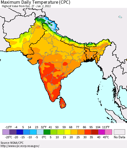 Southern Asia Extreme Maximum Temperature (CPC) Thematic Map For 12/27/2021 - 1/2/2022