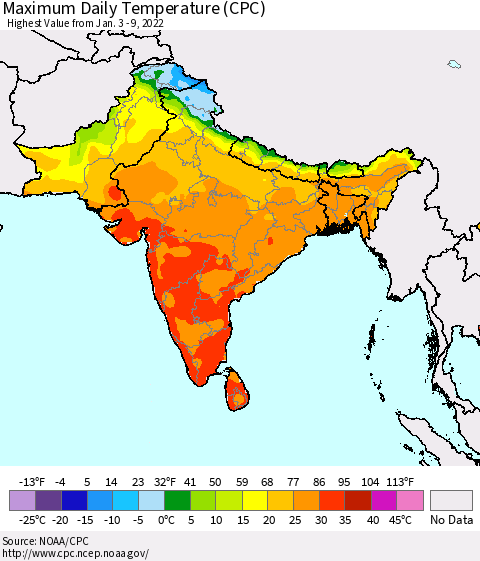 Southern Asia Maximum Daily Temperature (CPC) Thematic Map For 1/3/2022 - 1/9/2022