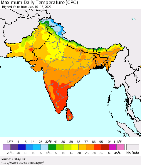 Southern Asia Extreme Maximum Temperature (CPC) Thematic Map For 1/10/2022 - 1/16/2022