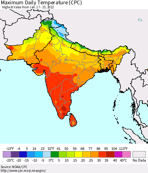 Southern Asia Extreme Maximum Temperature (CPC) Thematic Map For 1/17/2022 - 1/23/2022