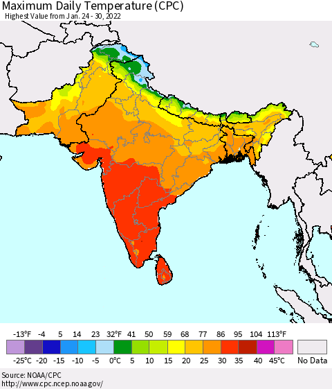 Southern Asia Maximum Daily Temperature (CPC) Thematic Map For 1/24/2022 - 1/30/2022