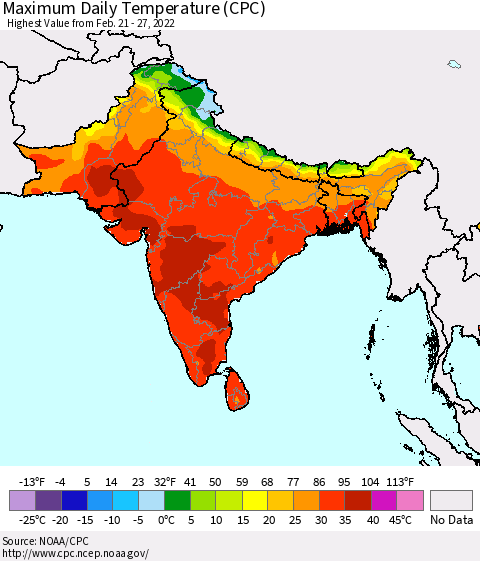Southern Asia Maximum Daily Temperature (CPC) Thematic Map For 2/21/2022 - 2/27/2022