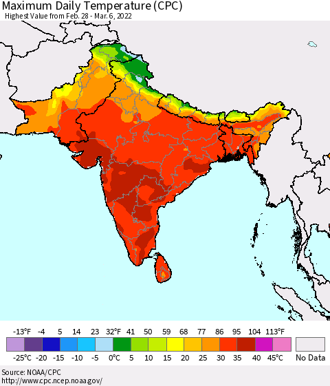 Southern Asia Maximum Daily Temperature (CPC) Thematic Map For 2/28/2022 - 3/6/2022