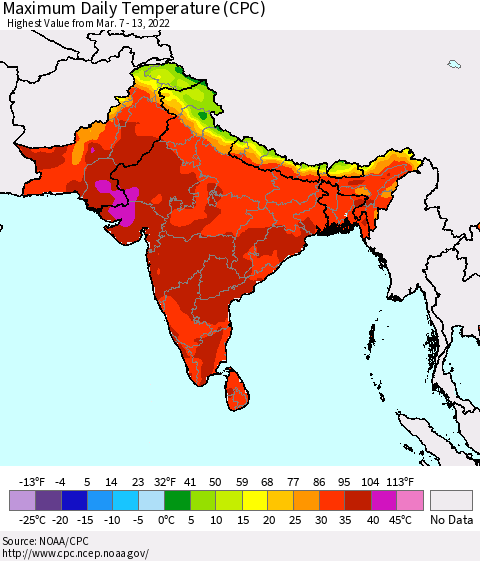 Southern Asia Maximum Daily Temperature (CPC) Thematic Map For 3/7/2022 - 3/13/2022