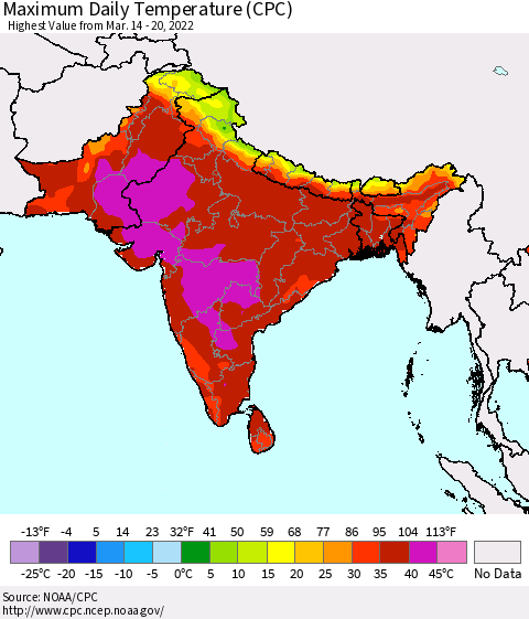 Southern Asia Maximum Daily Temperature (CPC) Thematic Map For 3/14/2022 - 3/20/2022