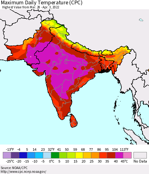 Southern Asia Maximum Daily Temperature (CPC) Thematic Map For 3/28/2022 - 4/3/2022
