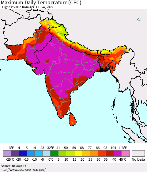 Southern Asia Maximum Daily Temperature (CPC) Thematic Map For 4/18/2022 - 4/24/2022