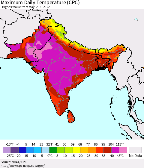 Southern Asia Maximum Daily Temperature (CPC) Thematic Map For 5/2/2022 - 5/8/2022