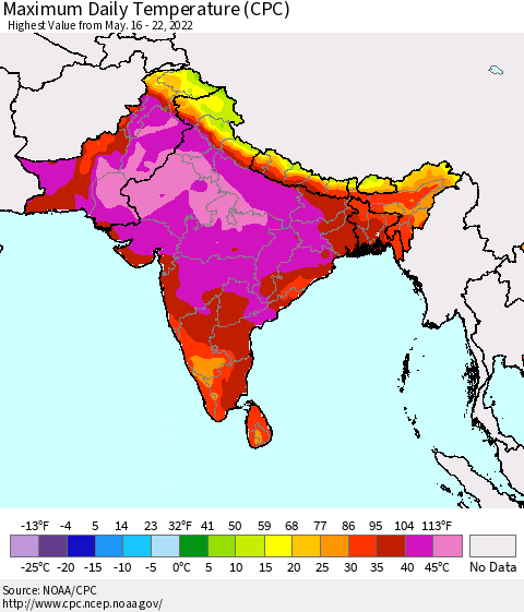 Southern Asia Maximum Daily Temperature (CPC) Thematic Map For 5/16/2022 - 5/22/2022