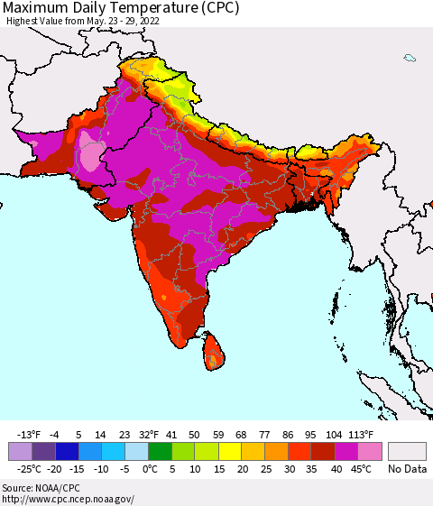 Southern Asia Extreme Maximum Temperature (CPC) Thematic Map For 5/23/2022 - 5/29/2022
