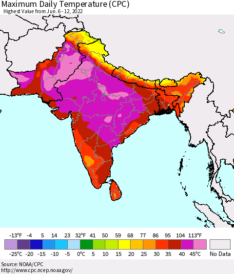 Southern Asia Maximum Daily Temperature (CPC) Thematic Map For 6/6/2022 - 6/12/2022