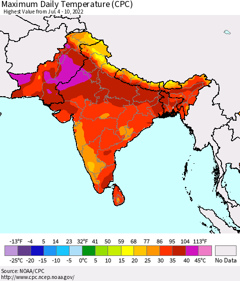 Southern Asia Maximum Daily Temperature (CPC) Thematic Map For 7/4/2022 - 7/10/2022