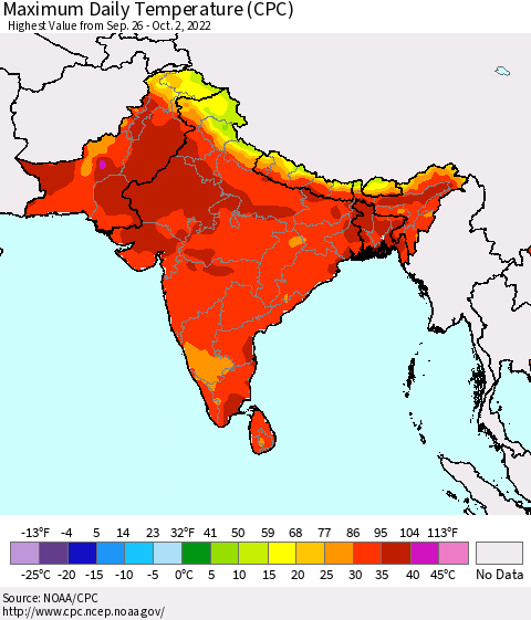 Southern Asia Maximum Daily Temperature (CPC) Thematic Map For 9/26/2022 - 10/2/2022