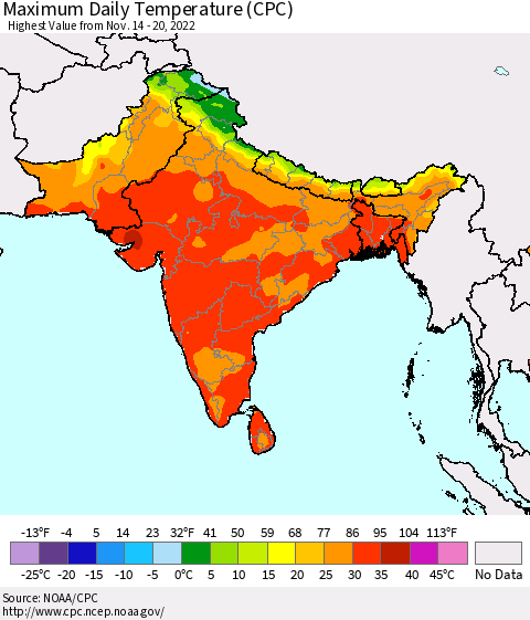 Southern Asia Maximum Daily Temperature (CPC) Thematic Map For 11/14/2022 - 11/20/2022