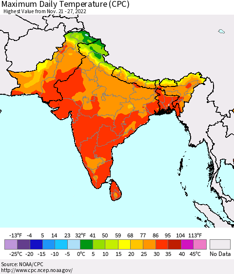 Southern Asia Maximum Daily Temperature (CPC) Thematic Map For 11/21/2022 - 11/27/2022