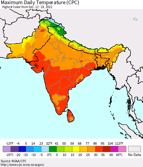 Southern Asia Maximum Daily Temperature (CPC) Thematic Map For 12/12/2022 - 12/18/2022