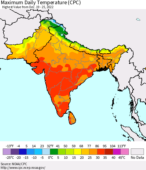 Southern Asia Maximum Daily Temperature (CPC) Thematic Map For 12/19/2022 - 12/25/2022