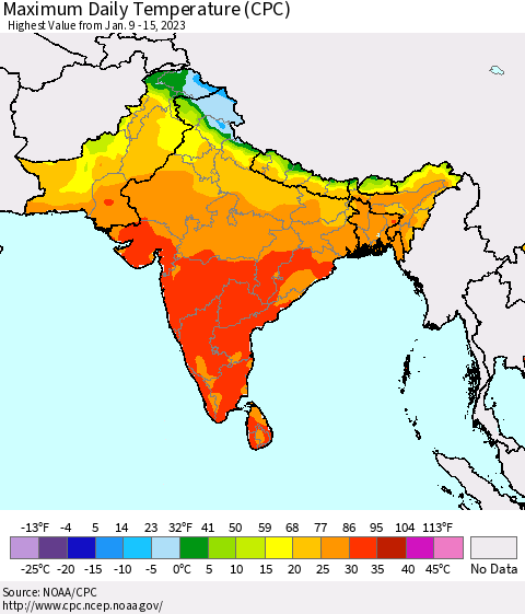 Southern Asia Maximum Daily Temperature (CPC) Thematic Map For 1/9/2023 - 1/15/2023