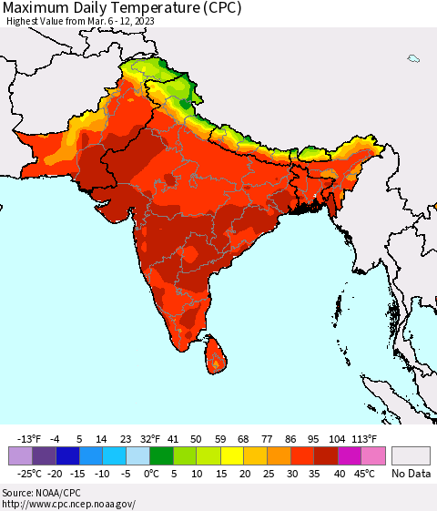 Southern Asia Maximum Daily Temperature (CPC) Thematic Map For 3/6/2023 - 3/12/2023