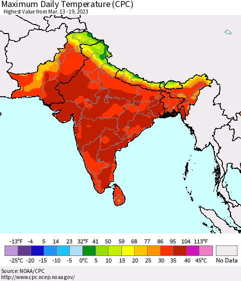 Southern Asia Maximum Daily Temperature (CPC) Thematic Map For 3/13/2023 - 3/19/2023