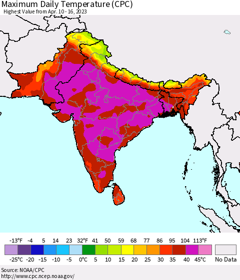 Southern Asia Maximum Daily Temperature (CPC) Thematic Map For 4/10/2023 - 4/16/2023