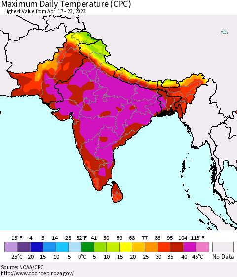Southern Asia Maximum Daily Temperature (CPC) Thematic Map For 4/17/2023 - 4/23/2023