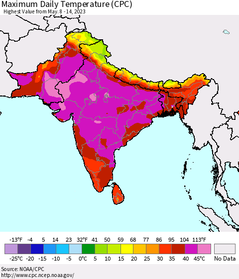 Southern Asia Maximum Daily Temperature (CPC) Thematic Map For 5/8/2023 - 5/14/2023