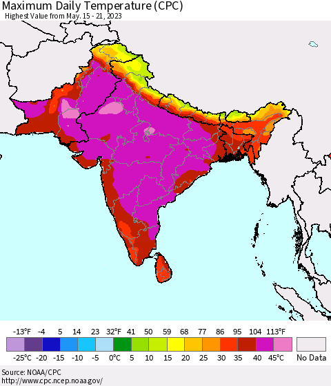 Southern Asia Maximum Daily Temperature (CPC) Thematic Map For 5/15/2023 - 5/21/2023