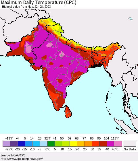 Southern Asia Maximum Daily Temperature (CPC) Thematic Map For 5/22/2023 - 5/28/2023