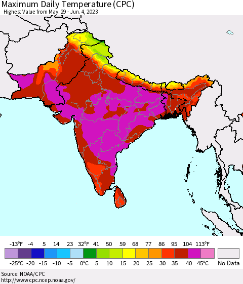 Southern Asia Maximum Daily Temperature (CPC) Thematic Map For 5/29/2023 - 6/4/2023