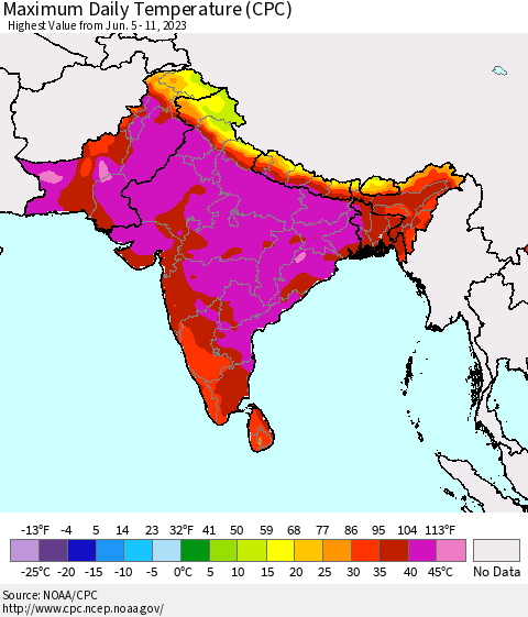 Southern Asia Maximum Daily Temperature (CPC) Thematic Map For 6/5/2023 - 6/11/2023