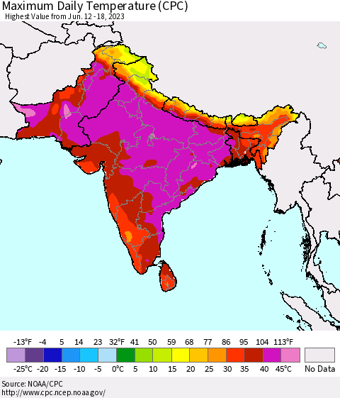 Southern Asia Maximum Daily Temperature (CPC) Thematic Map For 6/12/2023 - 6/18/2023