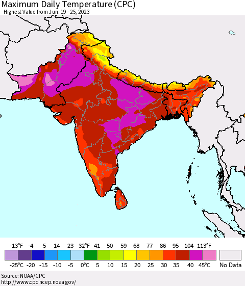 Southern Asia Maximum Daily Temperature (CPC) Thematic Map For 6/19/2023 - 6/25/2023