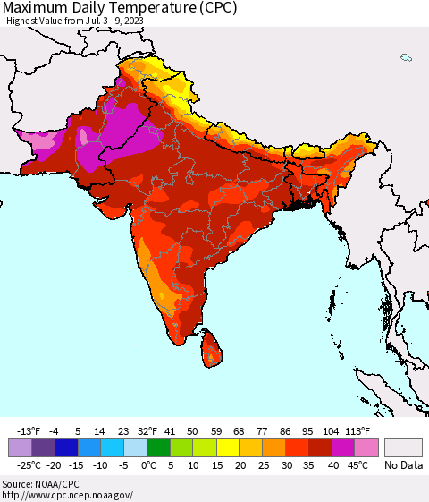 Southern Asia Maximum Daily Temperature (CPC) Thematic Map For 7/3/2023 - 7/9/2023