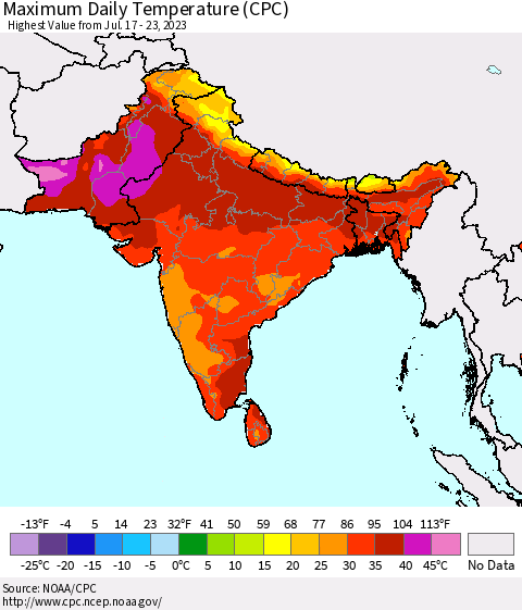 Southern Asia Maximum Daily Temperature (CPC) Thematic Map For 7/17/2023 - 7/23/2023