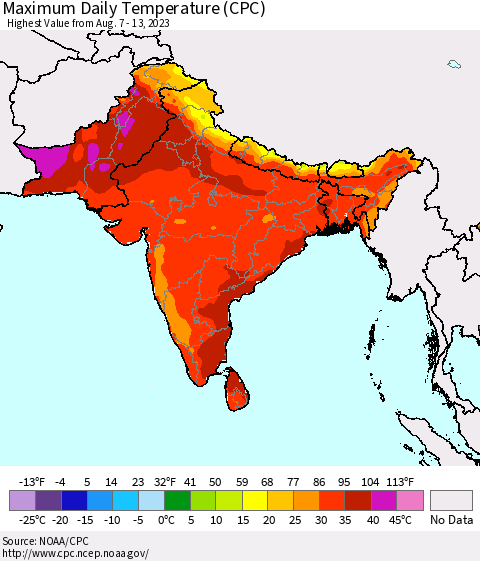 Southern Asia Maximum Daily Temperature (CPC) Thematic Map For 8/7/2023 - 8/13/2023
