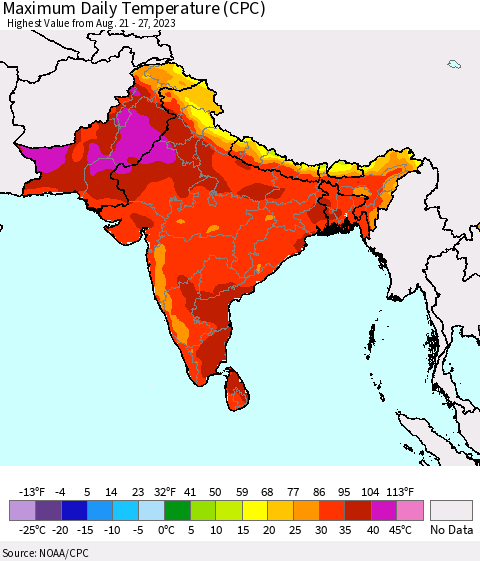 Southern Asia Maximum Daily Temperature (CPC) Thematic Map For 8/21/2023 - 8/27/2023