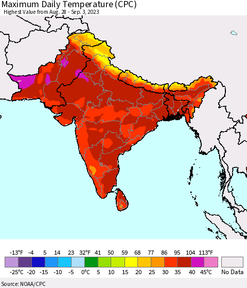 Southern Asia Maximum Daily Temperature (CPC) Thematic Map For 8/28/2023 - 9/3/2023