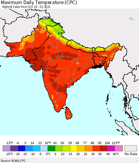 Southern Asia Maximum Daily Temperature (CPC) Thematic Map For 10/16/2023 - 10/22/2023
