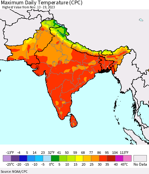 Southern Asia Maximum Daily Temperature (CPC) Thematic Map For 11/13/2023 - 11/19/2023
