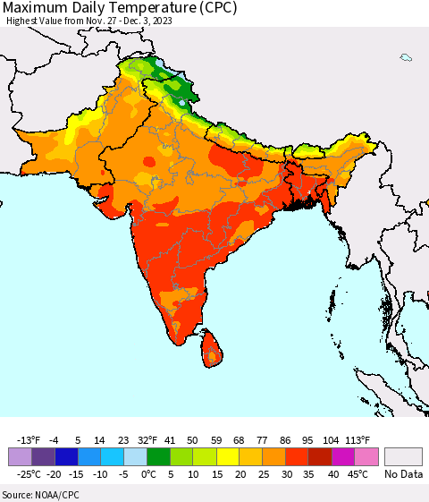 Southern Asia Maximum Daily Temperature (CPC) Thematic Map For 11/27/2023 - 12/3/2023