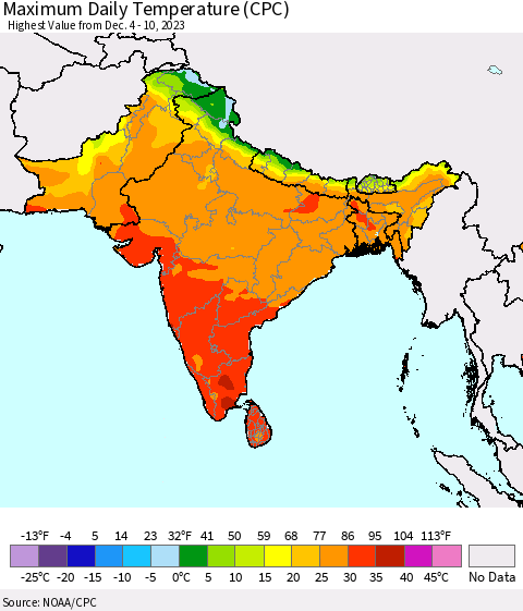 Southern Asia Maximum Daily Temperature (CPC) Thematic Map For 12/4/2023 - 12/10/2023