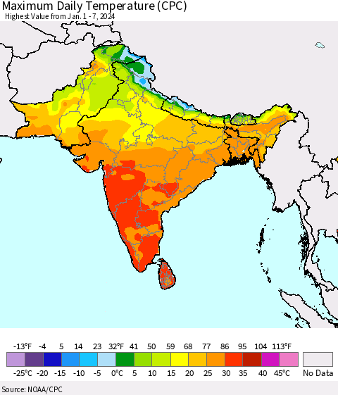 Southern Asia Maximum Daily Temperature (CPC) Thematic Map For 1/1/2024 - 1/7/2024