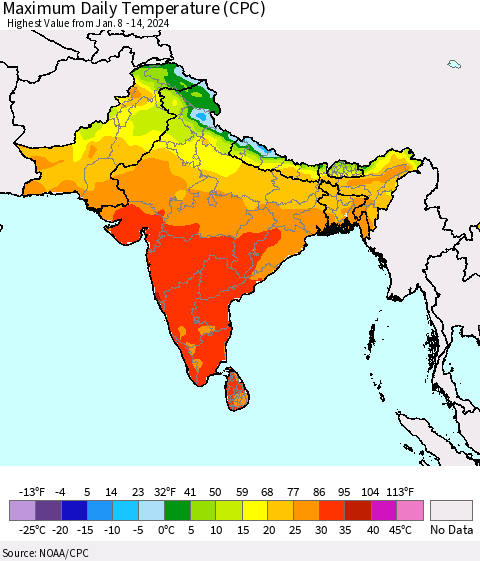 Southern Asia Maximum Daily Temperature (CPC) Thematic Map For 1/8/2024 - 1/14/2024