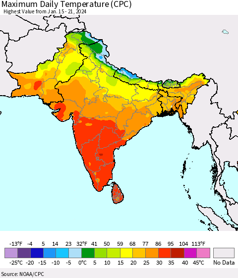 Southern Asia Maximum Daily Temperature (CPC) Thematic Map For 1/15/2024 - 1/21/2024