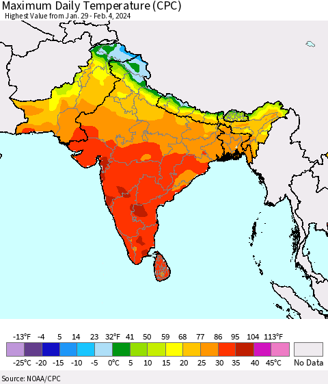 Southern Asia Maximum Daily Temperature (CPC) Thematic Map For 1/29/2024 - 2/4/2024