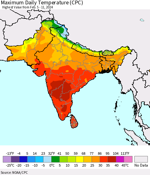 Southern Asia Maximum Daily Temperature (CPC) Thematic Map For 2/5/2024 - 2/11/2024