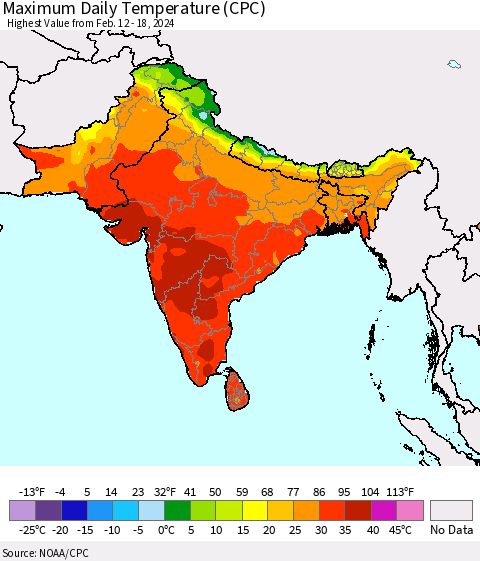 Southern Asia Maximum Daily Temperature (CPC) Thematic Map For 2/12/2024 - 2/18/2024